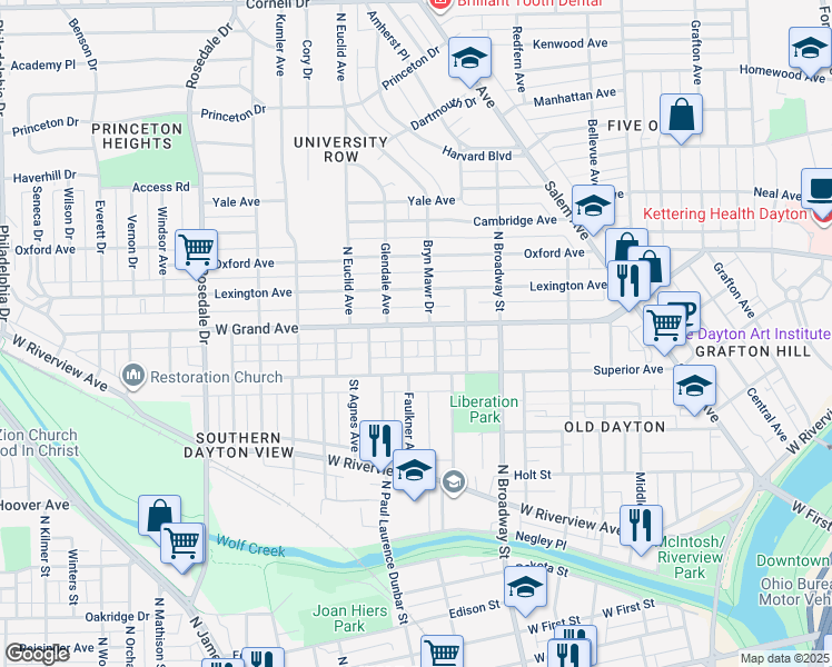 map of restaurants, bars, coffee shops, grocery stores, and more near 927 Dustin Street in Dayton