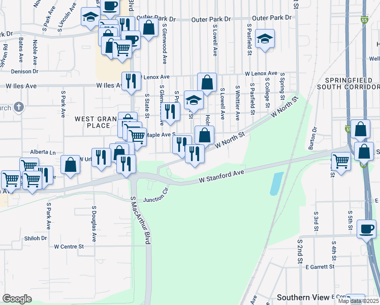 map of restaurants, bars, coffee shops, grocery stores, and more near 600-682 Prospect Avenue in Springfield