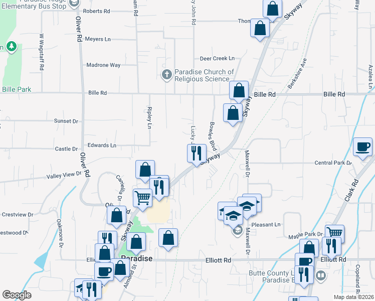 map of restaurants, bars, coffee shops, grocery stores, and more near 6075 Westchester Way in Paradise