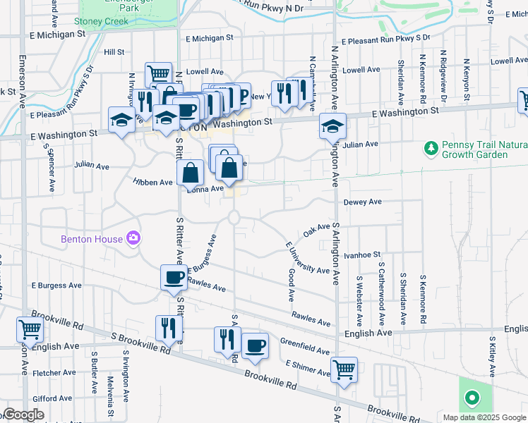 map of restaurants, bars, coffee shops, grocery stores, and more near 5810 Dewey Avenue in Indianapolis