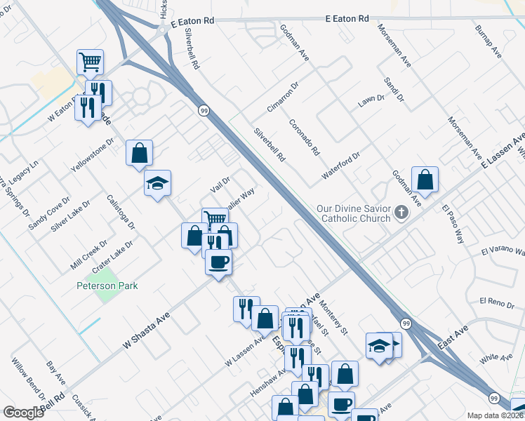 map of restaurants, bars, coffee shops, grocery stores, and more near 294 Saint Michael Court in Chico