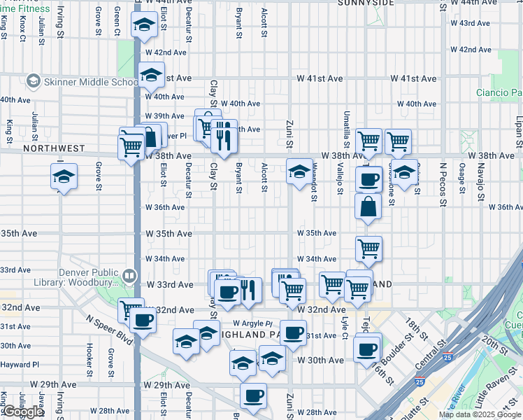 map of restaurants, bars, coffee shops, grocery stores, and more near 2526 West 36th Avenue in Denver
