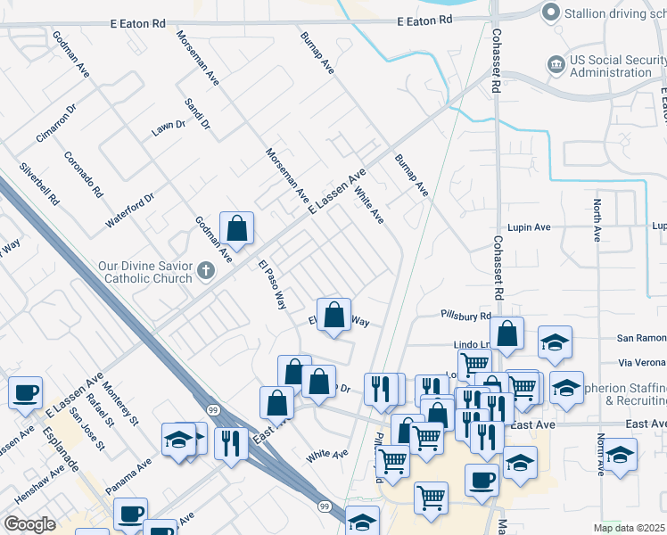 map of restaurants, bars, coffee shops, grocery stores, and more near 701 East Lassen Avenue in Chico