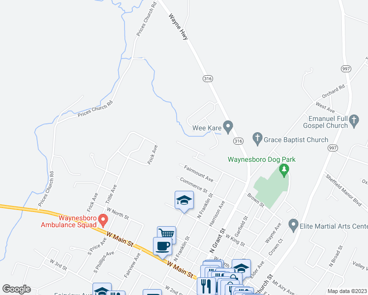 map of restaurants, bars, coffee shops, grocery stores, and more near 378 Viewpoint Way in Waynesboro