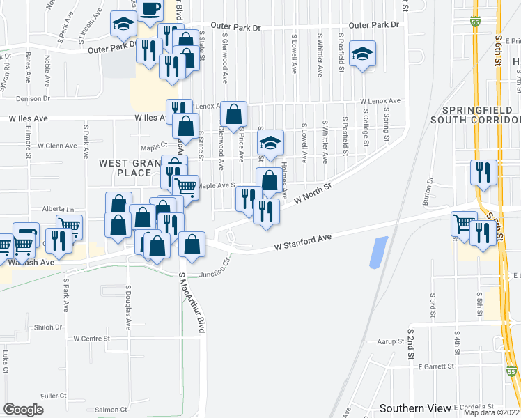 map of restaurants, bars, coffee shops, grocery stores, and more near 600 Prospect Avenue in Springfield