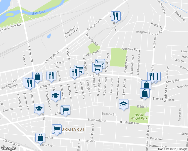 map of restaurants, bars, coffee shops, grocery stores, and more near 3420 E 3rd St in Dayton