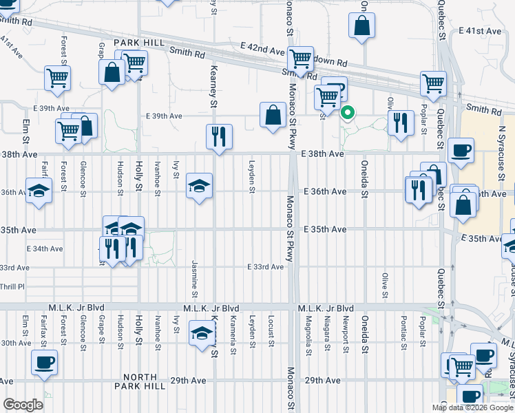 map of restaurants, bars, coffee shops, grocery stores, and more near 3541 North Locust Street in Denver