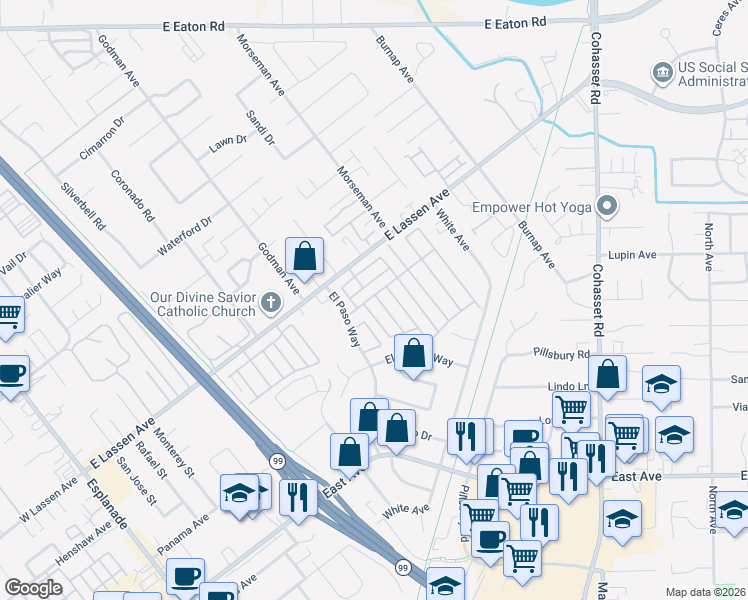 map of restaurants, bars, coffee shops, grocery stores, and more near 701 East Lassen Avenue in Chico