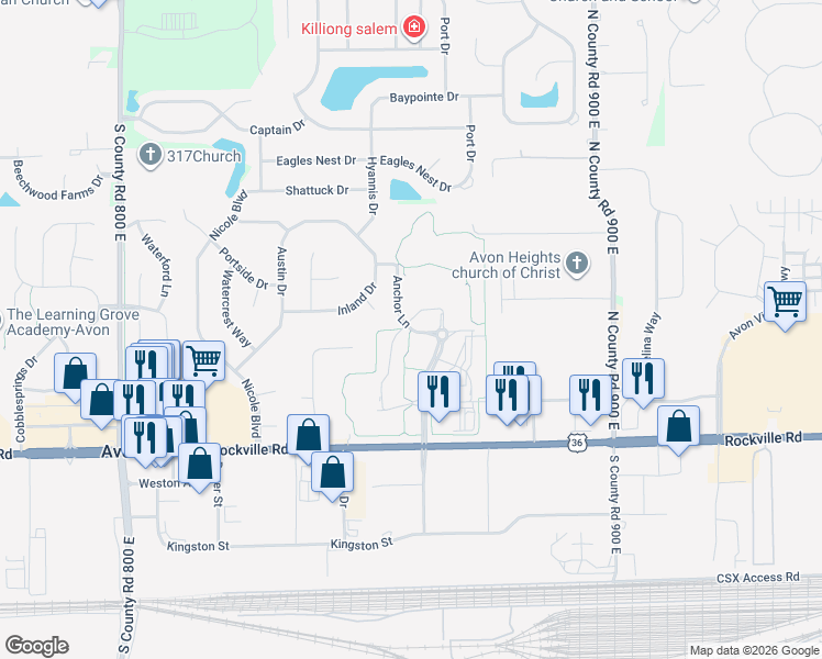 map of restaurants, bars, coffee shops, grocery stores, and more near Satori Parkway in Avon