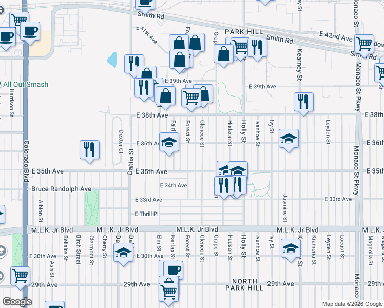 map of restaurants, bars, coffee shops, grocery stores, and more near 3540 Forest Street in Denver
