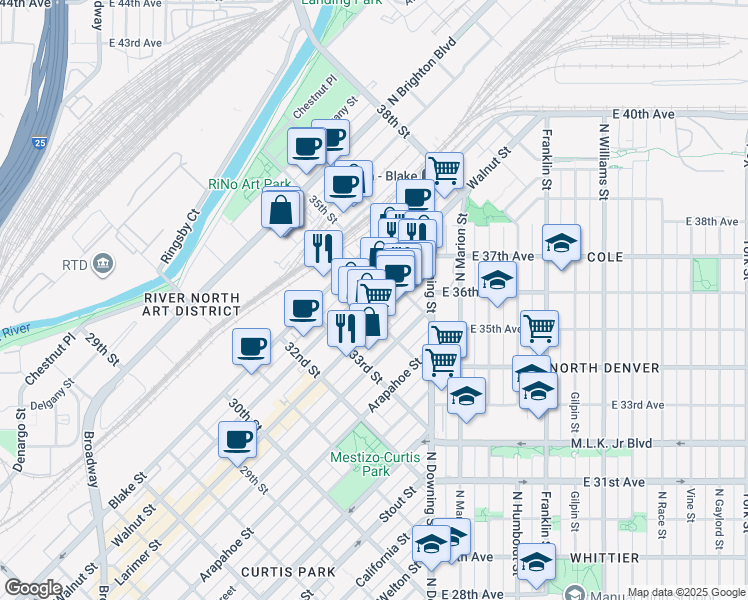map of restaurants, bars, coffee shops, grocery stores, and more near 3400 Walnut Street in Denver