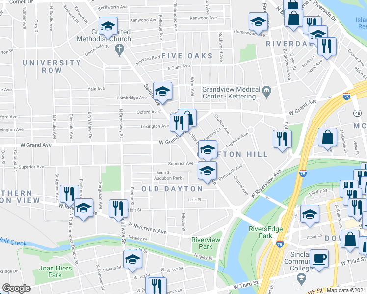 map of restaurants, bars, coffee shops, grocery stores, and more near 410 Salem Avenue in Dayton