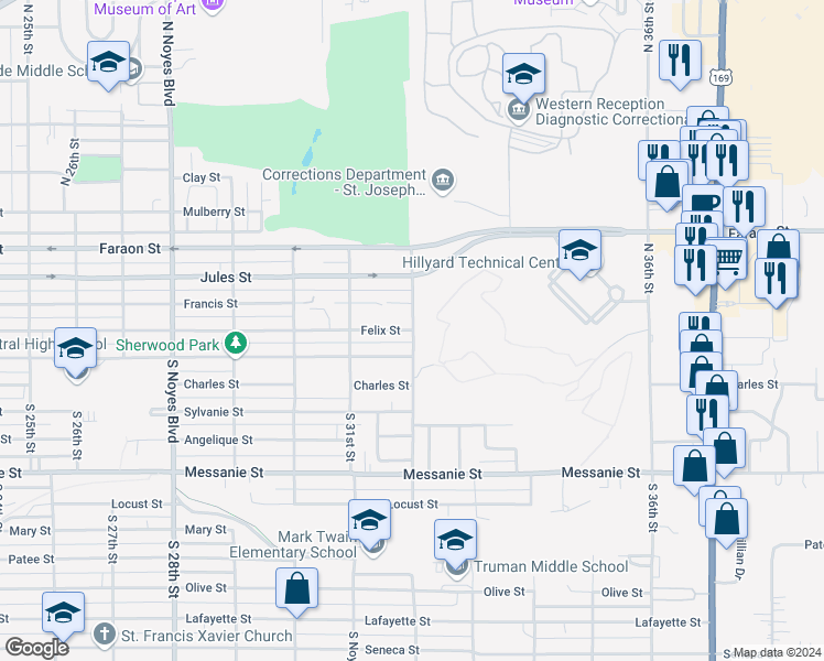 map of restaurants, bars, coffee shops, grocery stores, and more near 3907 Felix Street in Saint Joseph