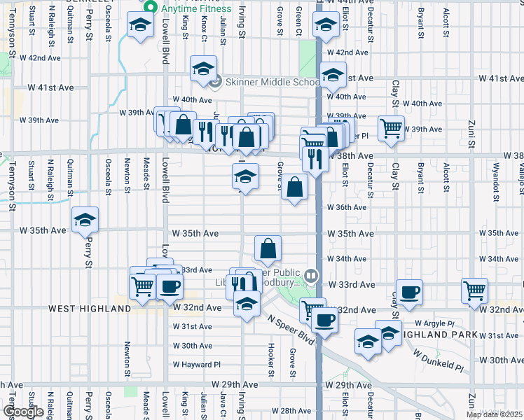 map of restaurants, bars, coffee shops, grocery stores, and more near 3131 West 36th Avenue in Denver