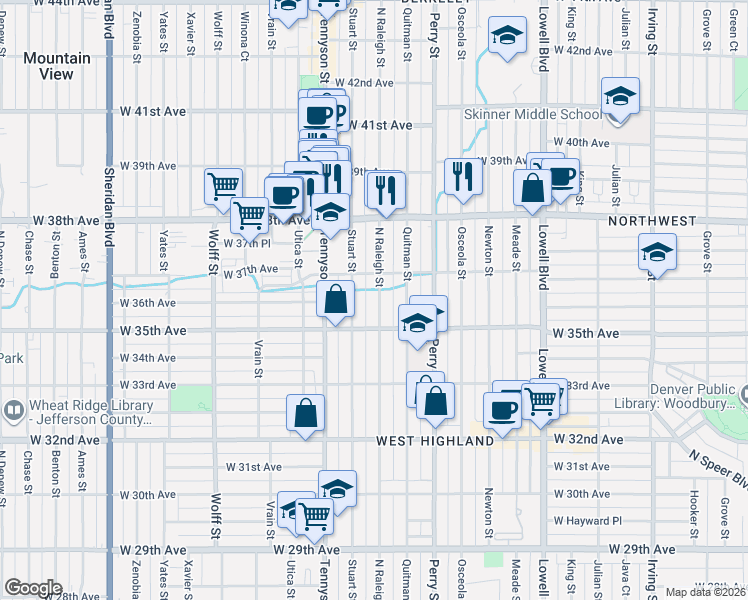 map of restaurants, bars, coffee shops, grocery stores, and more near 3541 Raleigh Street in Denver