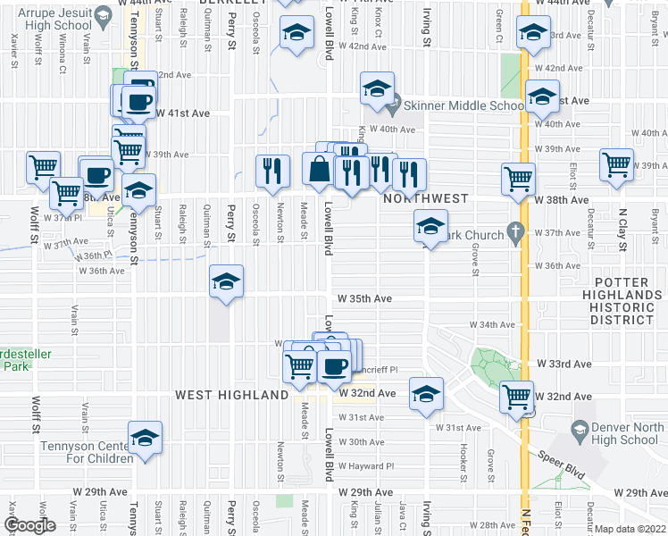 map of restaurants, bars, coffee shops, grocery stores, and more near 3610 Lowell Boulevard in Denver