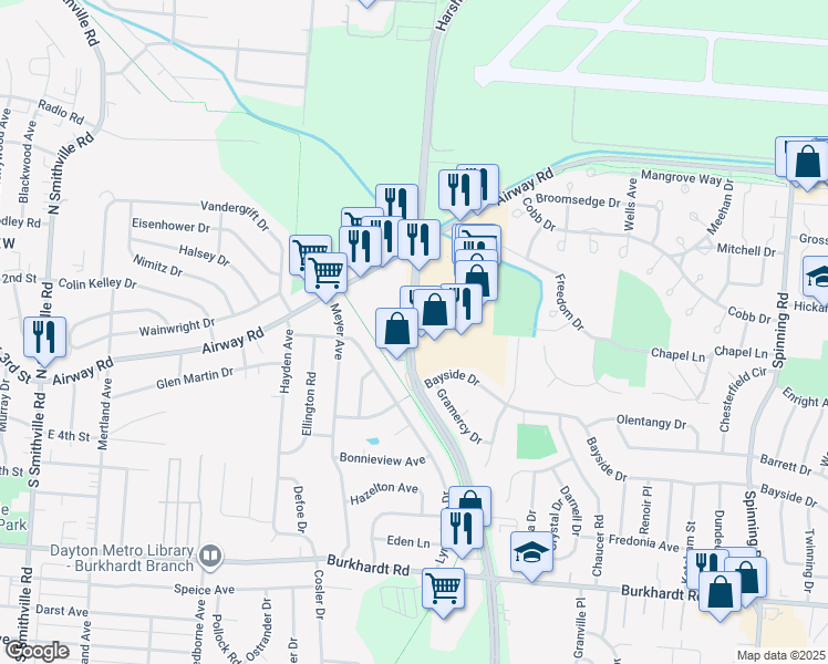 map of restaurants, bars, coffee shops, grocery stores, and more near 182 Woodman Drive in Riverside