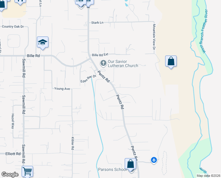 map of restaurants, bars, coffee shops, grocery stores, and more near 6309 Pentz Road in Paradise