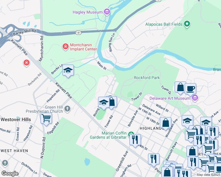 map of restaurants, bars, coffee shops, grocery stores, and more near 1912 Rising Sun Lane in Wilmington