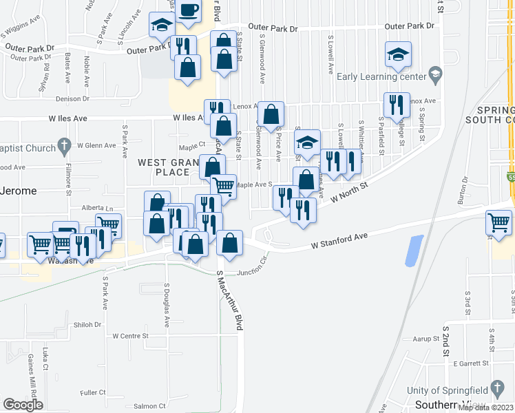 map of restaurants, bars, coffee shops, grocery stores, and more near 819 Prospect Avenue in Springfield