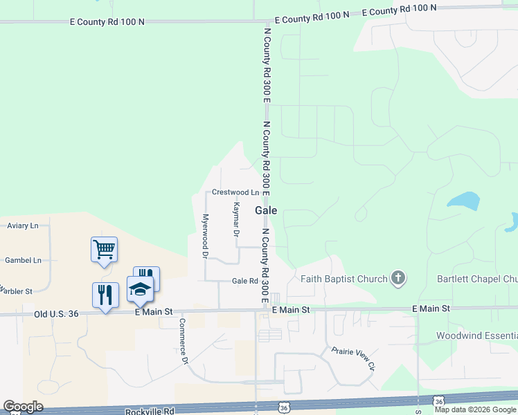 map of restaurants, bars, coffee shops, grocery stores, and more near 356 North County Road 300 East in Danville