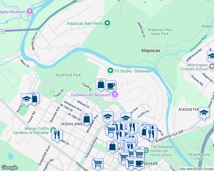 map of restaurants, bars, coffee shops, grocery stores, and more near 45 Ivy Road in Wilmington