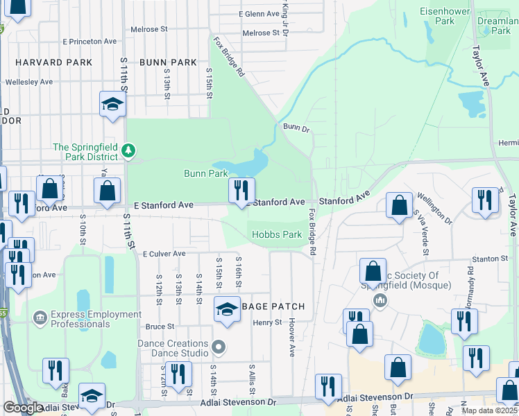 map of restaurants, bars, coffee shops, grocery stores, and more near 1612 East Stanford Avenue in Springfield