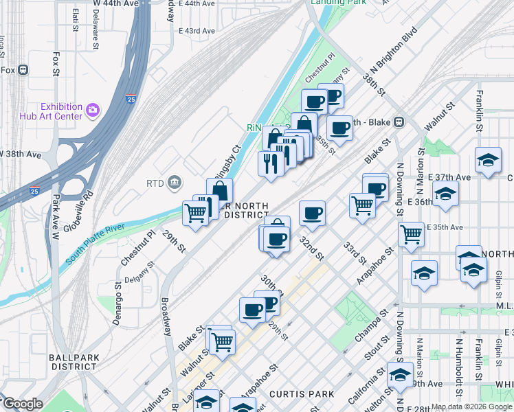 map of restaurants, bars, coffee shops, grocery stores, and more near 3120 Brighton Boulevard in Denver