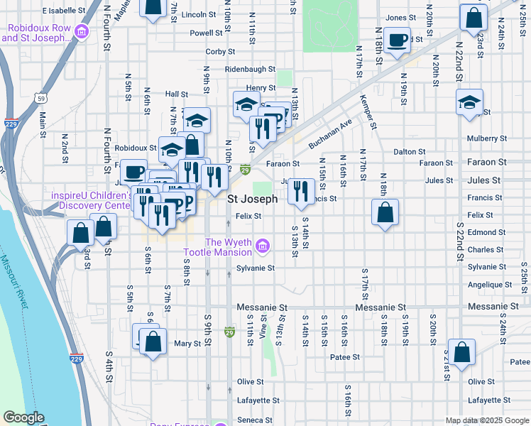 map of restaurants, bars, coffee shops, grocery stores, and more near 1102 Felix Street in Saint Joseph