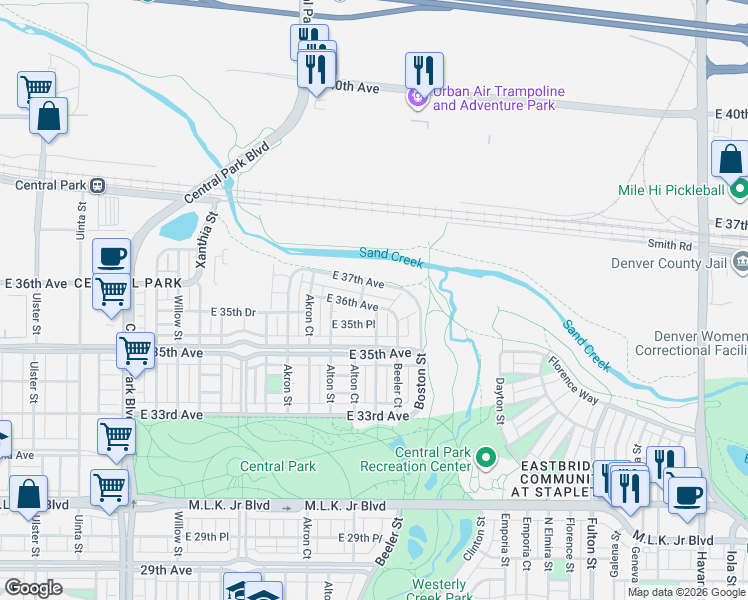 map of restaurants, bars, coffee shops, grocery stores, and more near 9173 East 36th Avenue in Denver