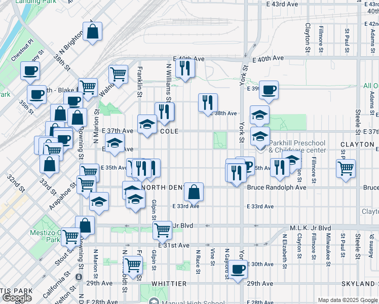 map of restaurants, bars, coffee shops, grocery stores, and more near 3535 Race Street in Denver
