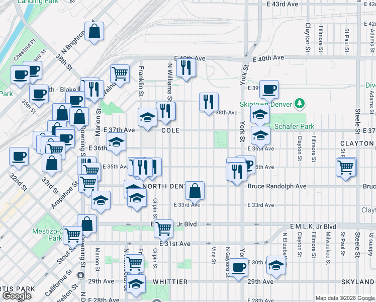map of restaurants, bars, coffee shops, grocery stores, and more near 3535 Race Street in Denver