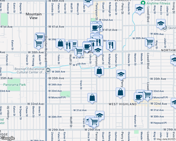 map of restaurants, bars, coffee shops, grocery stores, and more near 4500 West 36th Avenue in Denver