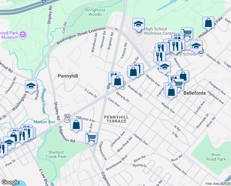 map of restaurants, bars, coffee shops, grocery stores, and more near 300 Philadelphia Pike in Wilmington