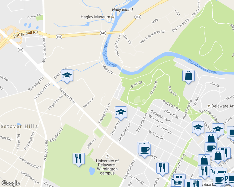 map of restaurants, bars, coffee shops, grocery stores, and more near in New Castle County