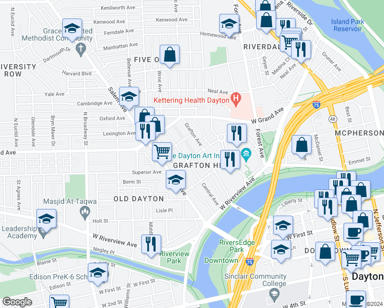 map of restaurants, bars, coffee shops, grocery stores, and more near 200 Central Avenue in Dayton