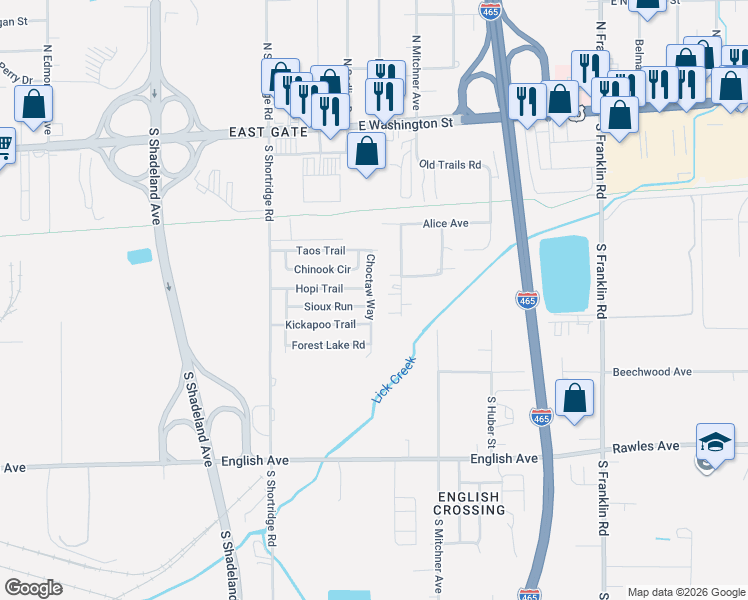 map of restaurants, bars, coffee shops, grocery stores, and more near 457 Choctaw Way in Indianapolis