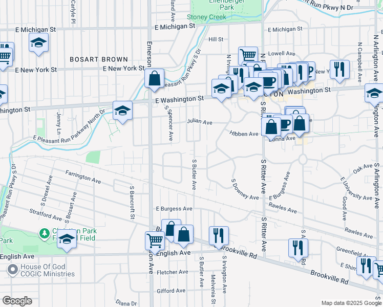 map of restaurants, bars, coffee shops, grocery stores, and more near 231 South Butler Avenue in Indianapolis