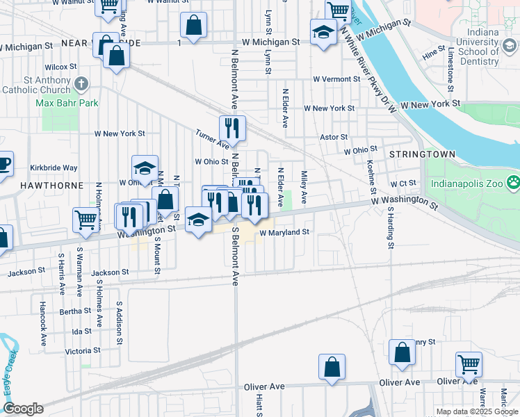 map of restaurants, bars, coffee shops, grocery stores, and more near 2014 West Washington Street in Indianapolis
