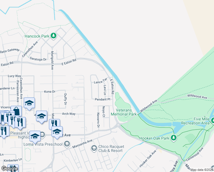 map of restaurants, bars, coffee shops, grocery stores, and more near 2816 Levi Lane in Chico