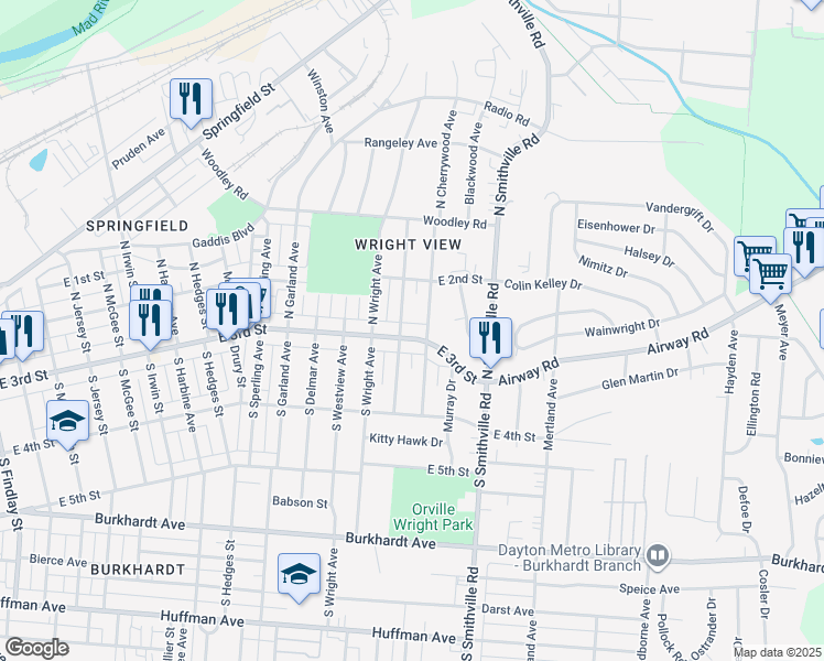 map of restaurants, bars, coffee shops, grocery stores, and more near 4000 East 3rd Street in Dayton