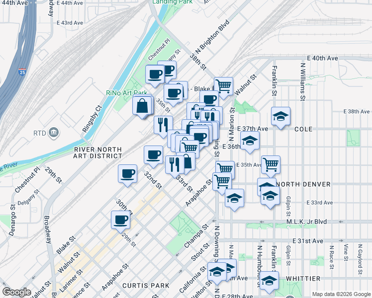 map of restaurants, bars, coffee shops, grocery stores, and more near 3400 Walnut Street in Denver