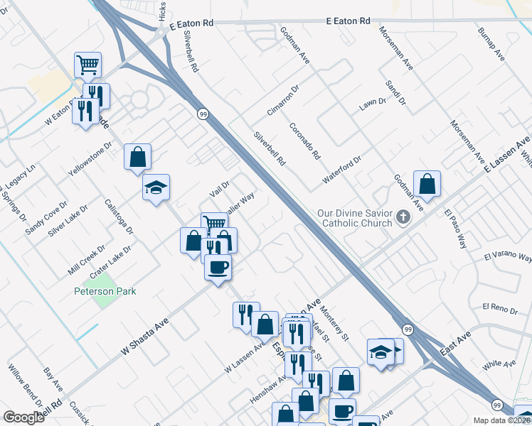 map of restaurants, bars, coffee shops, grocery stores, and more near 294 Saint Michael Court in Chico