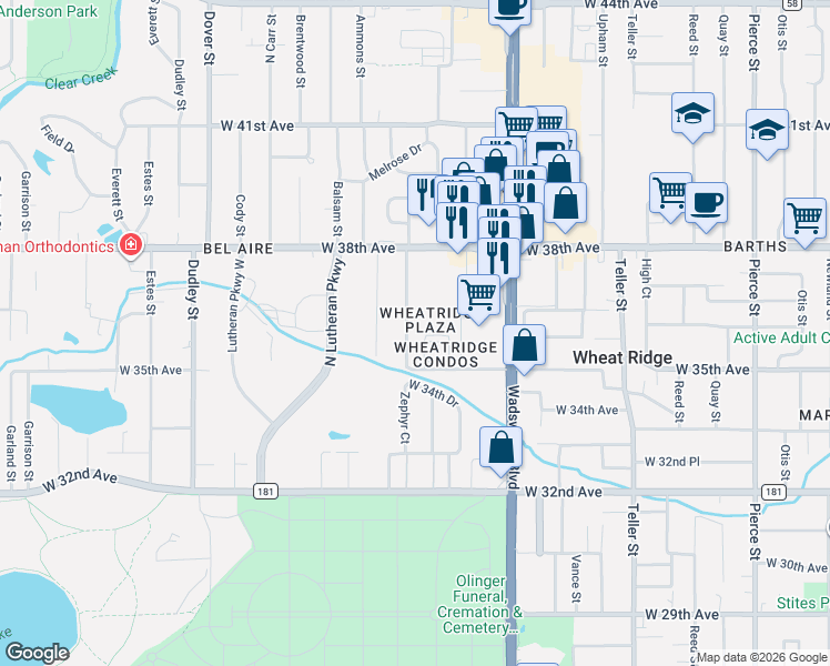 map of restaurants, bars, coffee shops, grocery stores, and more near 3562 Allison Street in Wheat Ridge