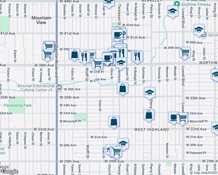 map of restaurants, bars, coffee shops, grocery stores, and more near 4500 West 36th Avenue in Denver