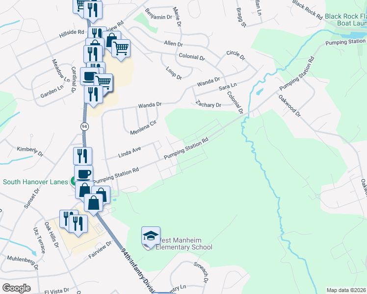 map of restaurants, bars, coffee shops, grocery stores, and more near 214 Pumping Station Road in Hanover