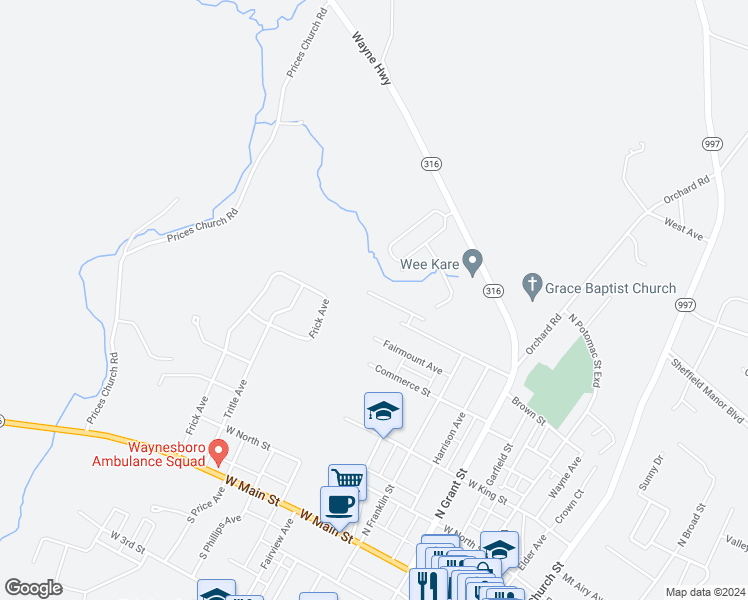 map of restaurants, bars, coffee shops, grocery stores, and more near 388 Viewpoint Way in Waynesboro