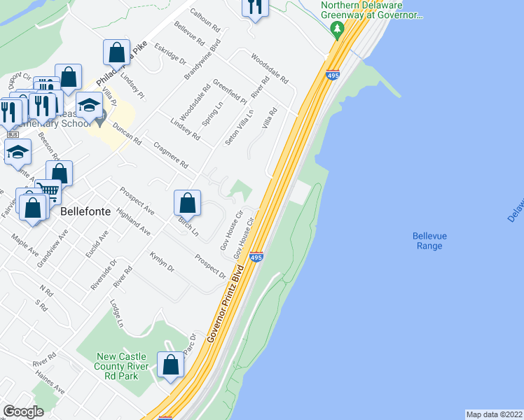 map of restaurants, bars, coffee shops, grocery stores, and more near 733 Governor House Circle in Wilmington