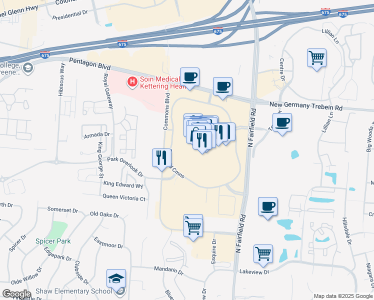 map of restaurants, bars, coffee shops, grocery stores, and more near 2727 Fairfield Commons Boulevard in Dayton