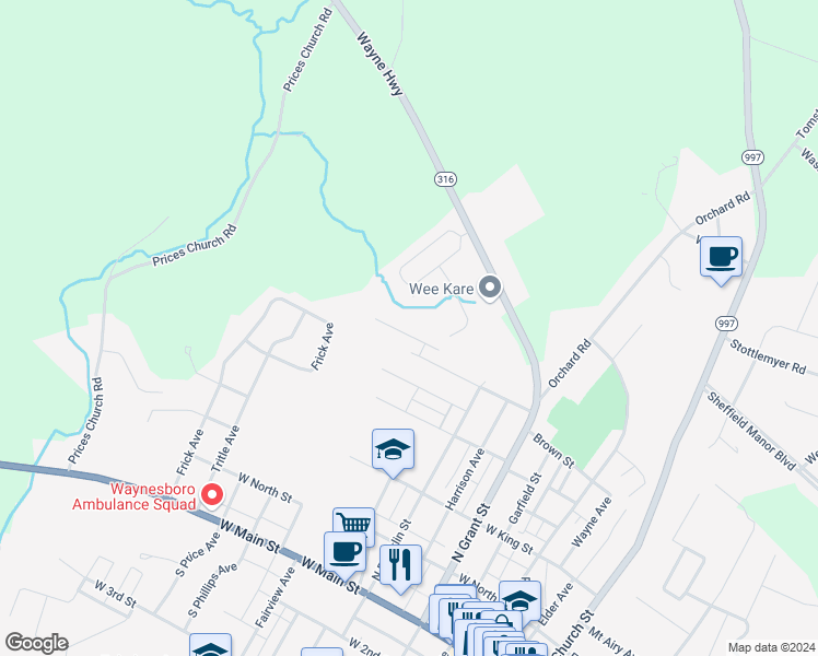 map of restaurants, bars, coffee shops, grocery stores, and more near 375 Viewpoint Way in Waynesboro